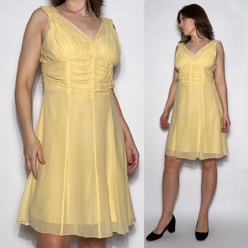 Vintage Y2K Yellow REAL SILK Shirred Waist Party Dress -- Large